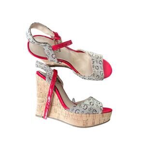 Guess Corked Heel Platform All Over Wedges, Size 5.5